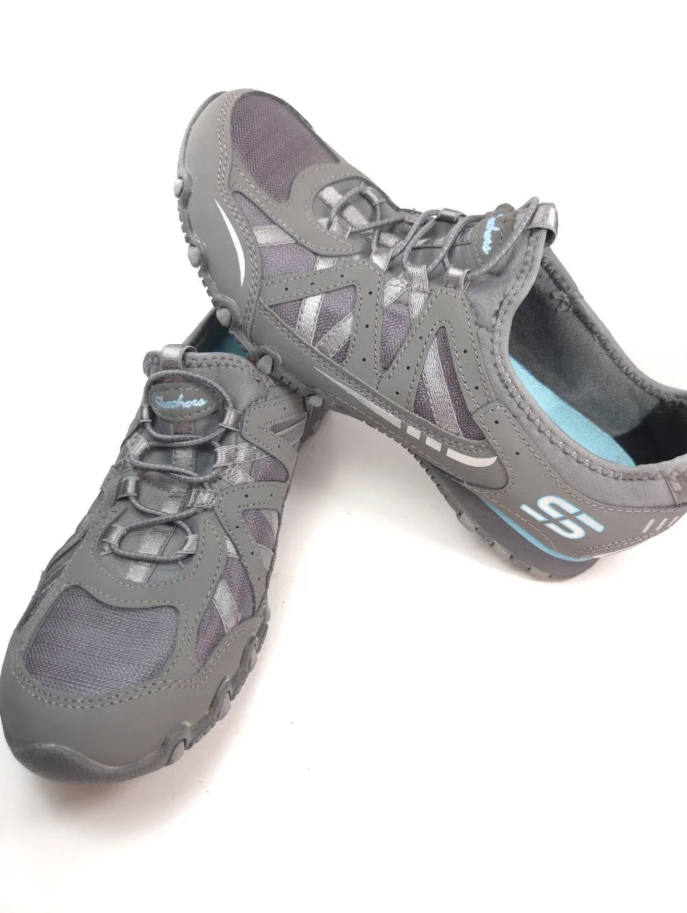 Skechers Bikers Gray & Teal Slip‑On Bungee‑Lace Walking Sneakers Sz 8